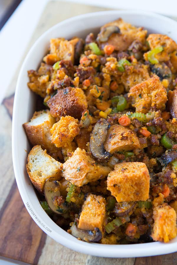Cornbread Chorizo Stuffing is a nice break from the traditional stuffing! Recipe on tablefortwoblog.com