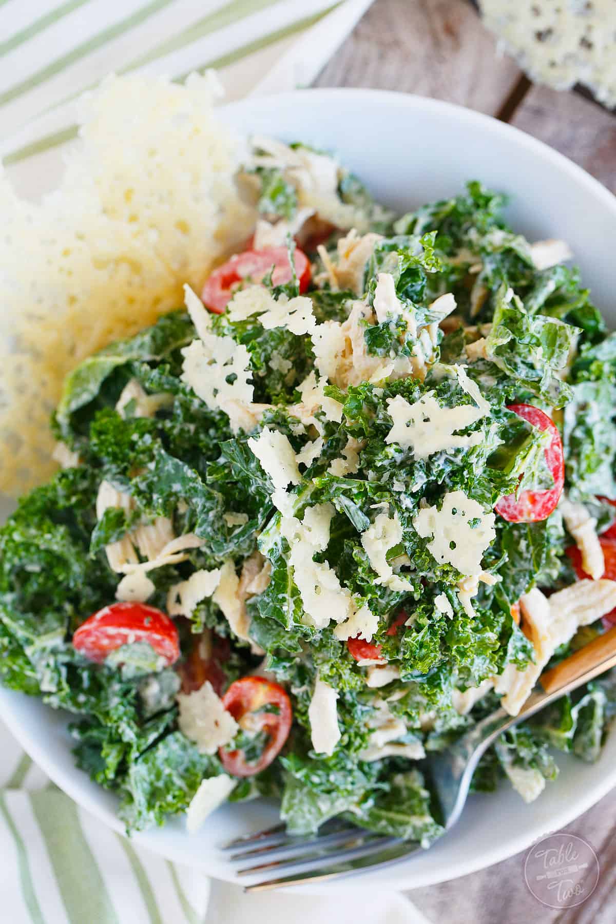 Shredded Chicken Kale Caesar Salad with Parmesan Crisps - Table for Two
