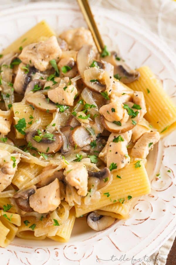 This marsala chicken rigatoni and mushroom pasta is pure comfort food. Filled with flavorful ingredients and a creamy marsala wine sauce coated on every inch of pasta, you will love every bite!