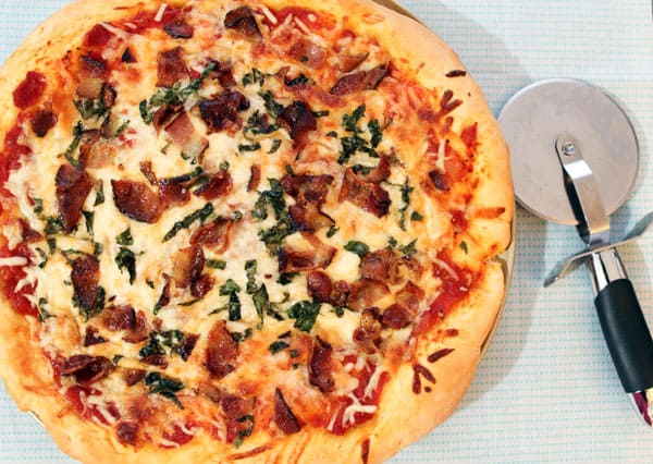 Cheese pizza with bacon & basil - Table for Two® by Julie 