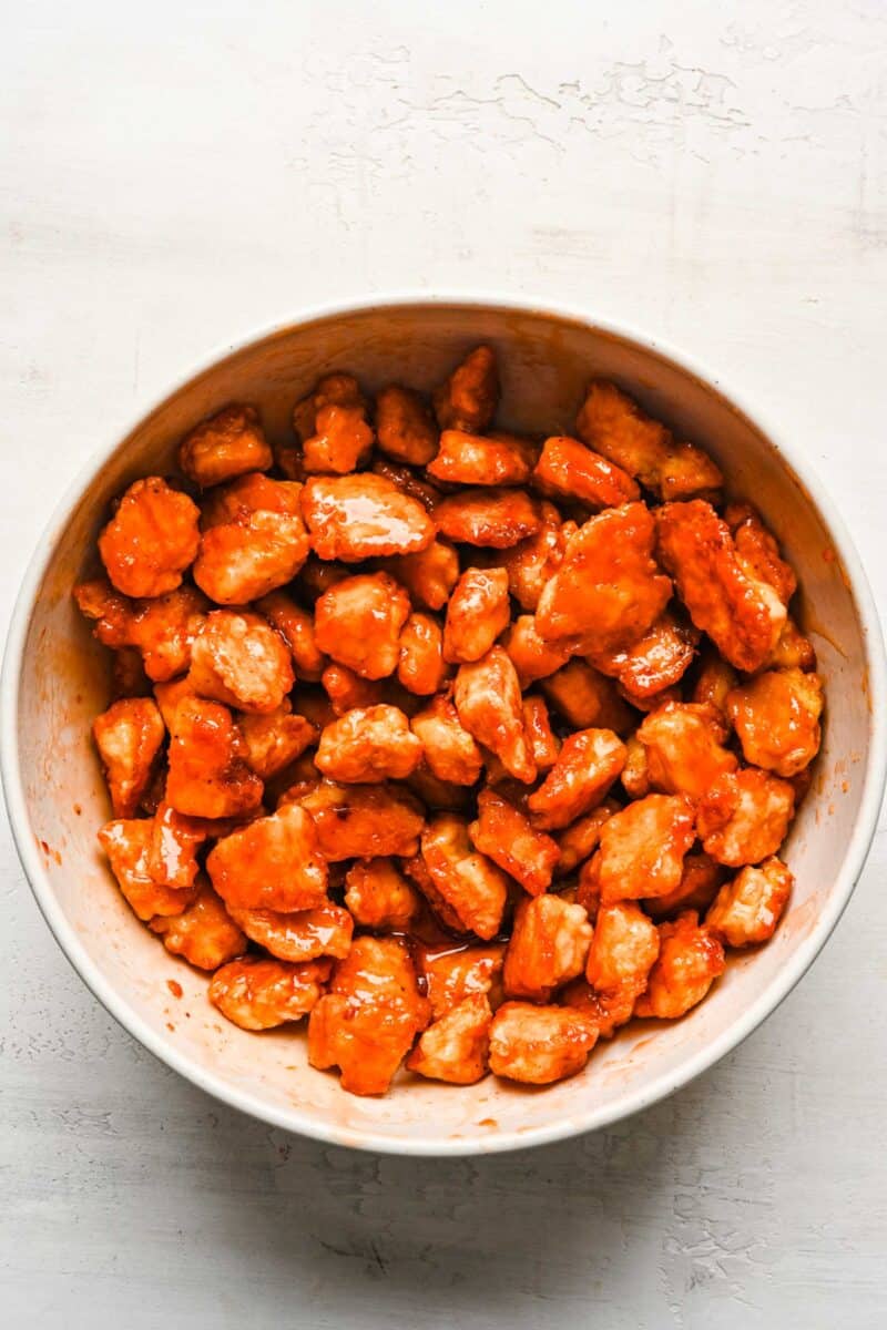 Sweet and sour chicken in a bowl.