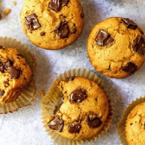 Overhead view of pumpkin chocolate chunk muffins on a countertop.