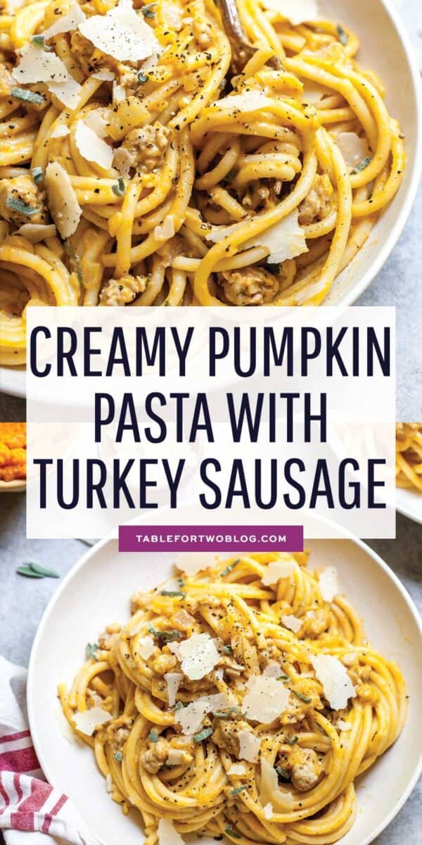 This creamy pumpkin pasta with turkey sausage is the coziest Fall pasta dish that needs your attention ASAP! #pumpkin #pumpkinrecipes #pumpkinpasta #pastarecipes #pumpkinseason