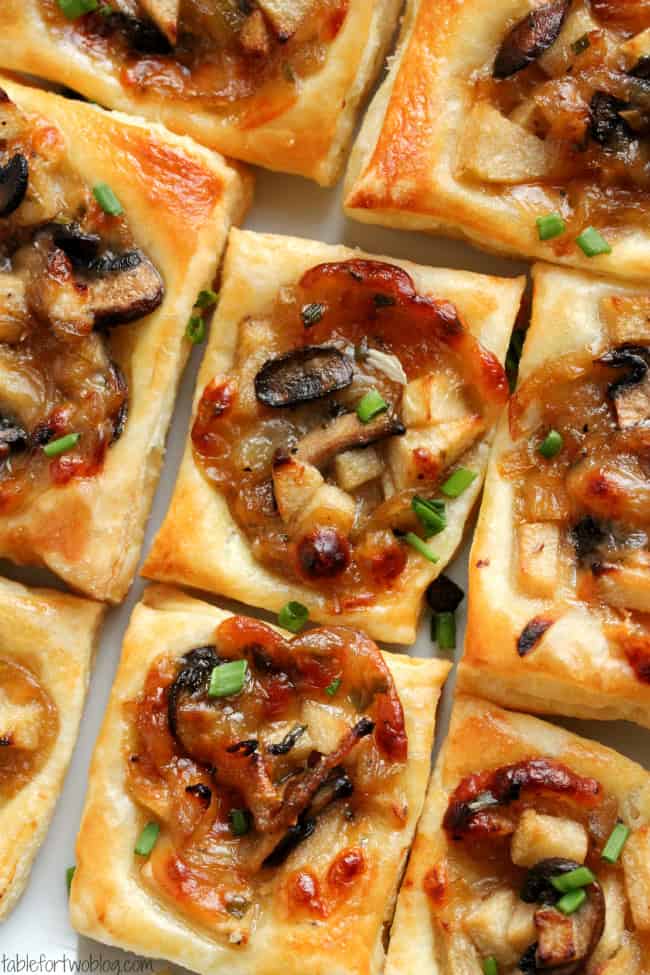 Overhead shot of Caramelized Onion, Mushroom, Apple, and Gruyere Puff Pastry Appetizer