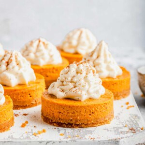 Close up of a mini pumpkin cheesecake bite dusted with cinnamon, with more of them surrounding it