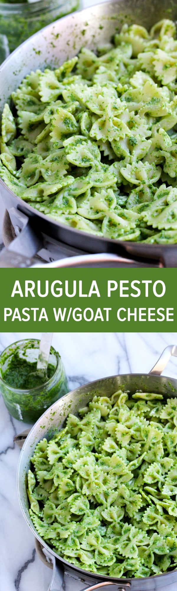 Arugula pesto bowtie pasta topped with creamy goat cheese for a dish that is light and full of flavor