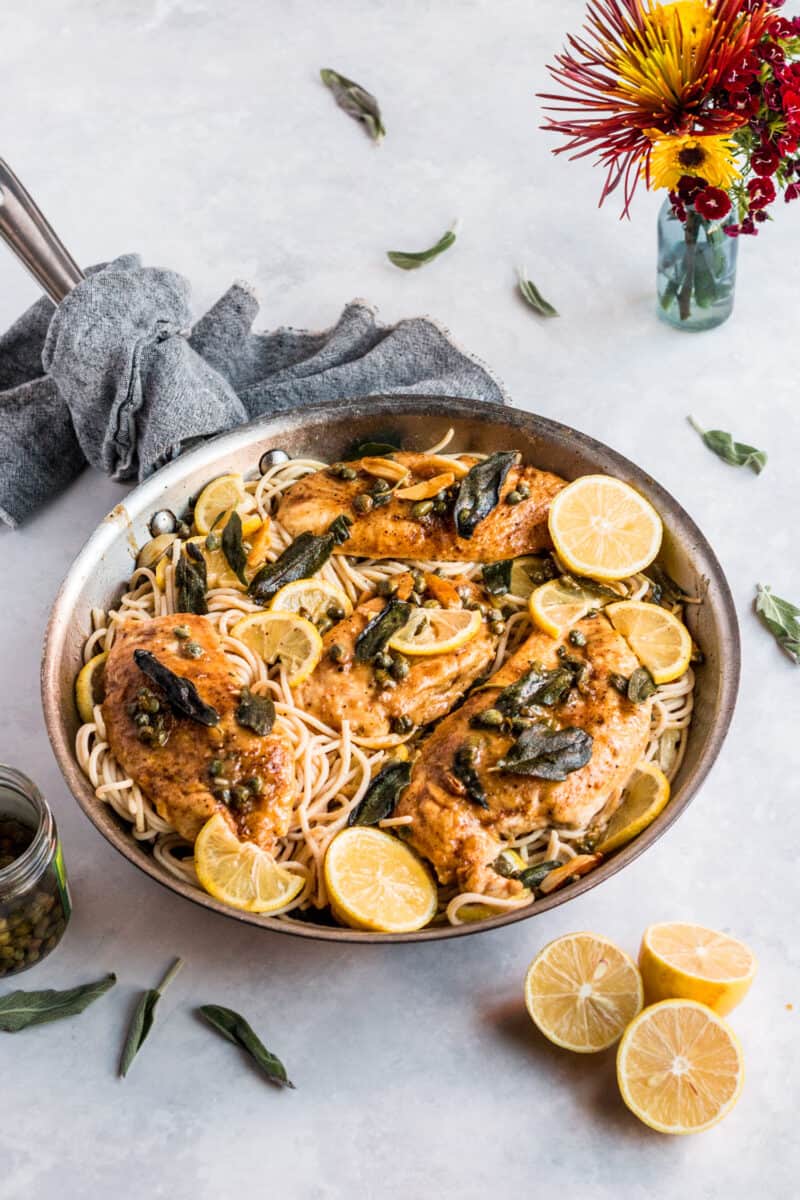 This easy chicken piccata is elevated with a crispy sage and garlic brown butter sauce! Still, it only takes less than an hour to put this gorgeous dish together for dinner!