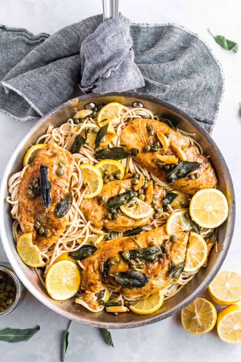 This easy chicken piccata is elevated with a crispy sage and garlic brown butter sauce! Still, it only takes less than an hour to put this gorgeous dish together for dinner!