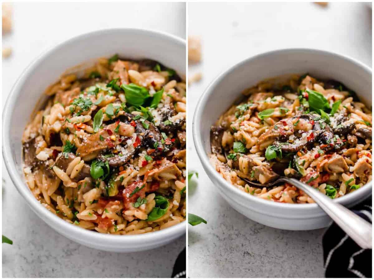 This one-pot creamy orzo with chicken sausage is a delightful dish that can be thrown together even on the busiest of weeknights! Use whatever you have in the fridge and you're sure to have a delicious meal at the end!
