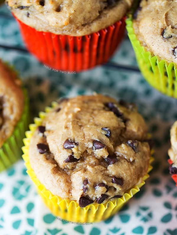 Banana Peanut Butter Chocolate Chip Muffins are the perfect way to use up extra bananas! Recipe on tablefortwoblog.com Banana Peanut Butter Chocolate Chip Muffins are the perfect way to use up extra bananas! Recipe on tablefortwoblog.com