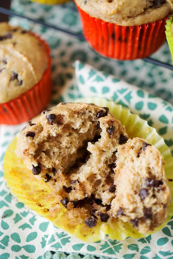 Banana Peanut Butter Chocolate Chip Muffins are the perfect way to use up extra bananas! Recipe on tablefortwoblog.com