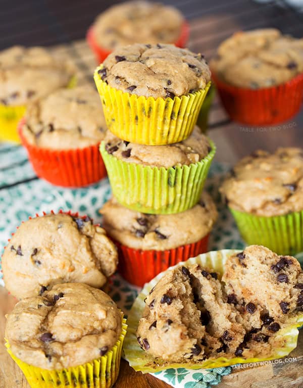 Banana Peanut Butter Chocolate Chip Muffins are the perfect way to use up extra bananas! Recipe on tablefortwoblog.com