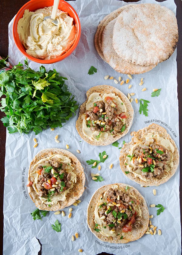 Ground Lamb and Hummus Pita Pizzas | tablefortwoblog.com Ground Lamb and Hummus Pita Pizzas | tablefortwoblog.com