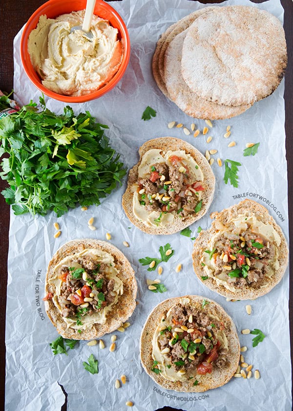 Ground Lamb and Hummus Pita Pizzas | tablefortwoblog.com