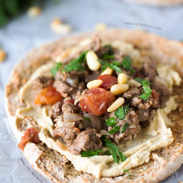 Ground Lamb and Hummus Pita Pizzas | tablefortwoblog.com