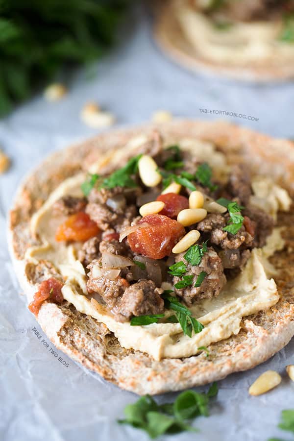 Ground Lamb and Hummus Pita Pizzas | tablefortwoblog.com