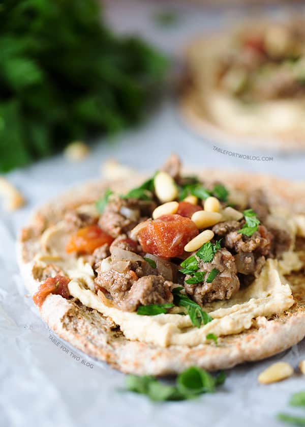 Ground Lamb and Hummus Pita Pizzas | tablefortwoblog.com