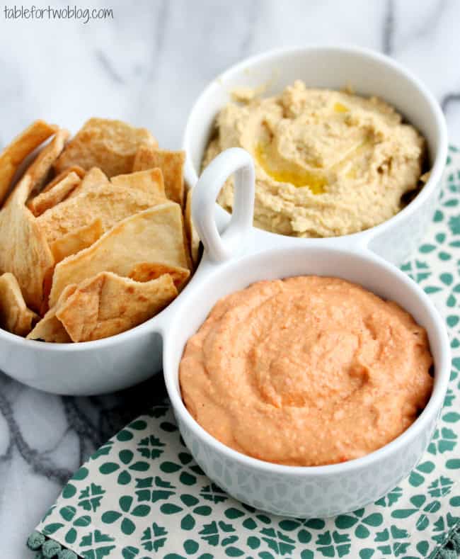 Homemade Garlic and Roasted Red Pepper Hummus from tablefortwoblog.com