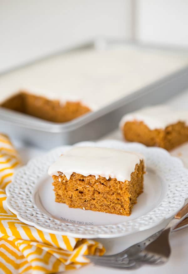 Pumpkin Spice Sheet Cake | tablefortwoblog.com