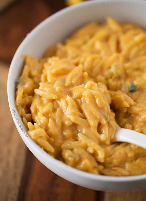 Cheesy Pumpkin Orzo | tablefortwoblog.com