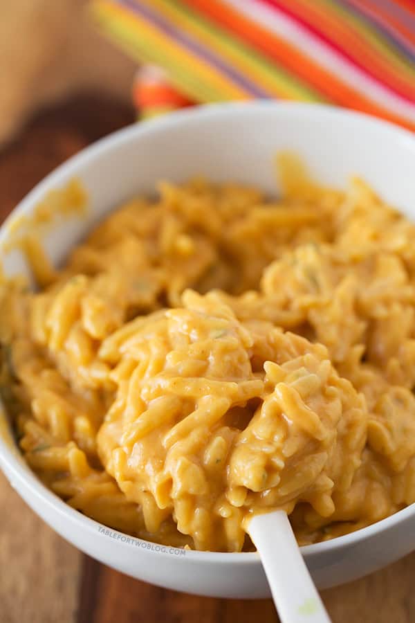 Cheesy Pumpkin Orzo | tablefortwoblog.com