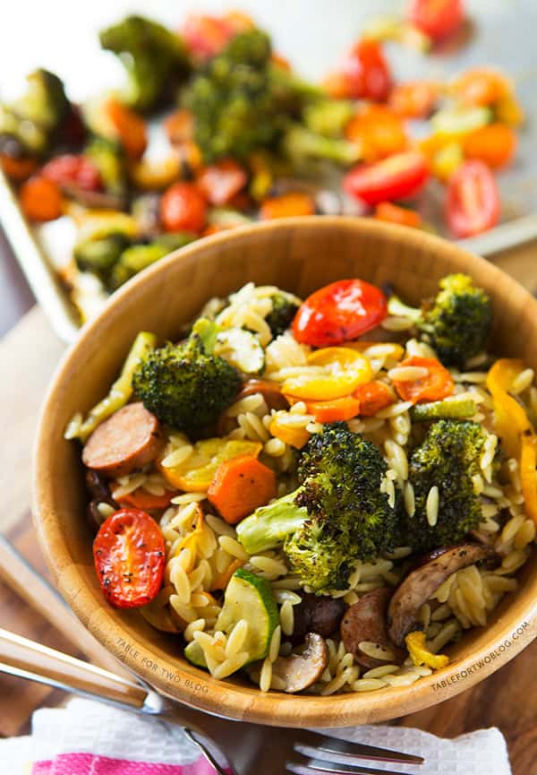 Roasted Vegetables and Andouille Orzo | tablefortwoblog.com