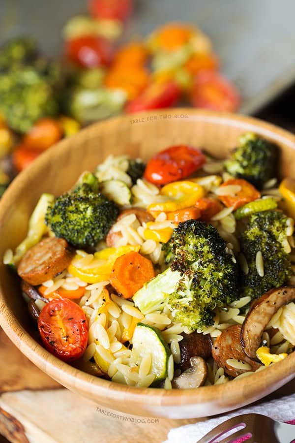 Roasted Vegetables and Andouille Orzo | tablefortwoblog.com