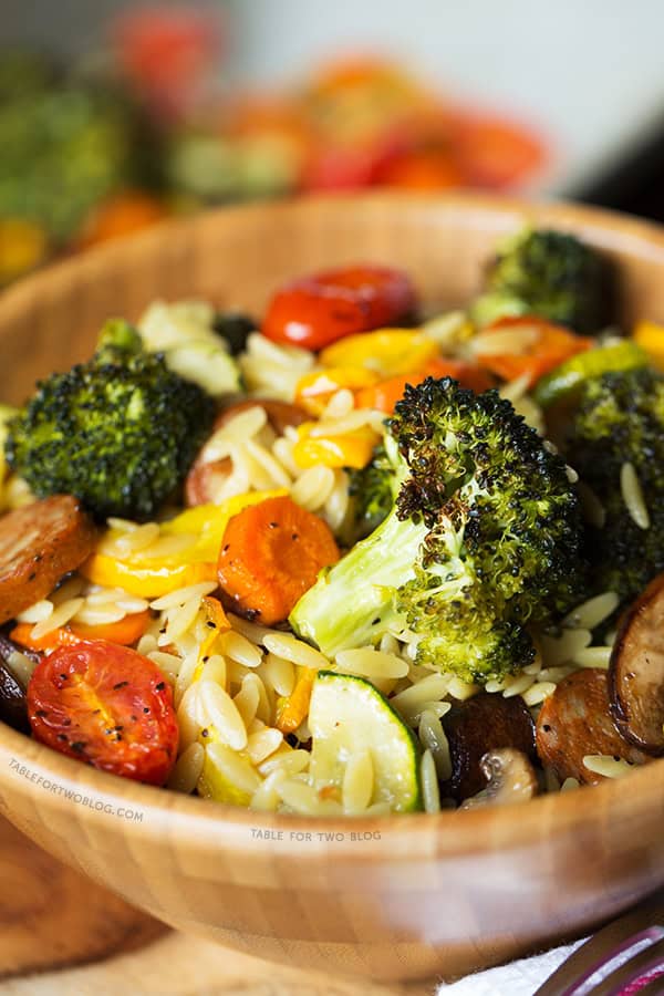 Roasted Vegetables and Andouille Orzo | tablefortwoblog.com