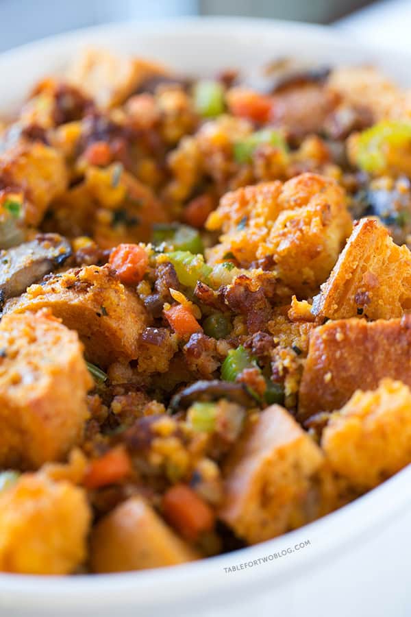 Cornbread Chorizo Stuffing is a nice break from the traditional stuffing! Recipe on tablefortwoblog.com
