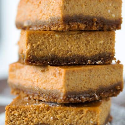 Maple Pumpkin Cheesecake Bars are the perfect dessert for any special occasion! It's all made in the food processor! Recipe on tablefortwoblog.com