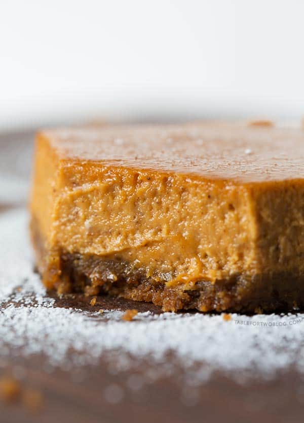 Maple Pumpkin Cheesecake Bars are the perfect dessert for any special occasion! It's all made in the food processor! Recipe on tablefortwoblog.com
