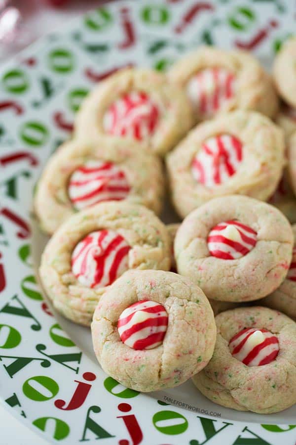 Sugar Cookie Candy Cane Blossoms from tablefortwoblog.com