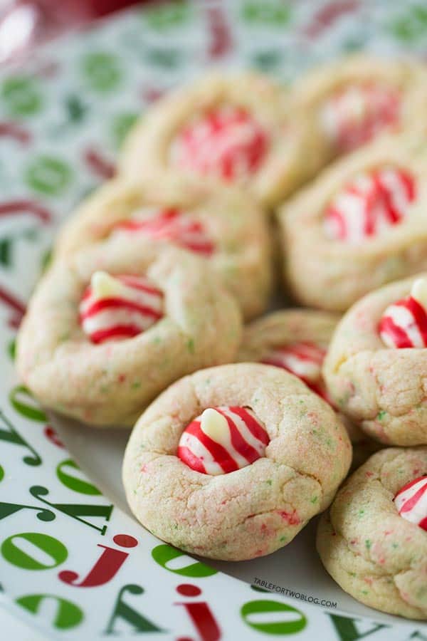Sugar Cookie Candy Cane Blossoms from tablefortwoblog.com