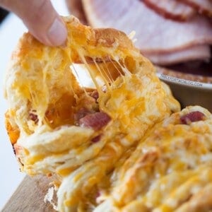 Ham and cheese pull apart bread is so easy to make for a crowd! Recipe on tablefortwoblog.com