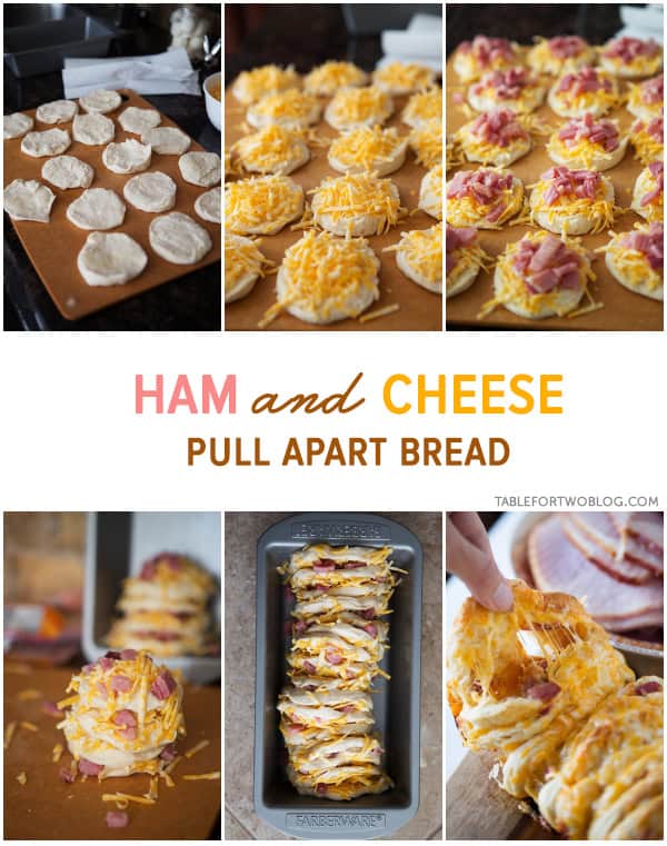 Ham and cheese pull apart bread is so easy to make for a crowd! Recipe on tablefortwoblog.com