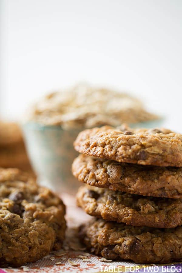 The chewiest and slightly crisp honey oatmeal chocolate chip cookies! Recipe on tablefortwoblog.com