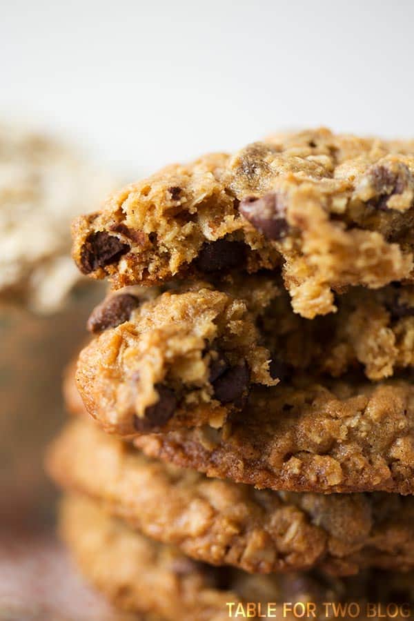 The chewiest and slightly crisp honey oatmeal chocolate chip cookies! Recipe on tablefortwoblog.com