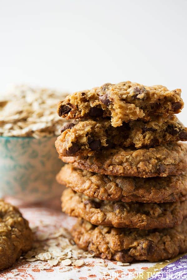 The chewiest and slightly crisp honey oatmeal chocolate chip cookies! Recipe on tablefortwoblog.com