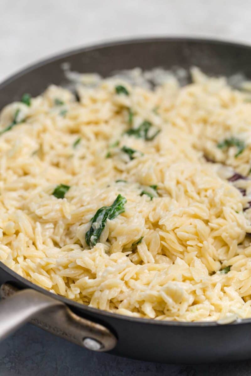 Classic parmesan and spinach goes so well together in this parmesan and spinach orzo! When you need an easy dinner that will satisfy all palettes, this will be the winner!