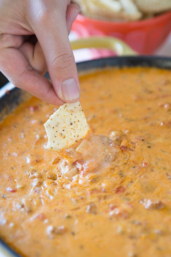 Chorizo Pimento Cheese Dip is perfect for Super Bowl Sunday! Recipe on tablefortwoblog.com