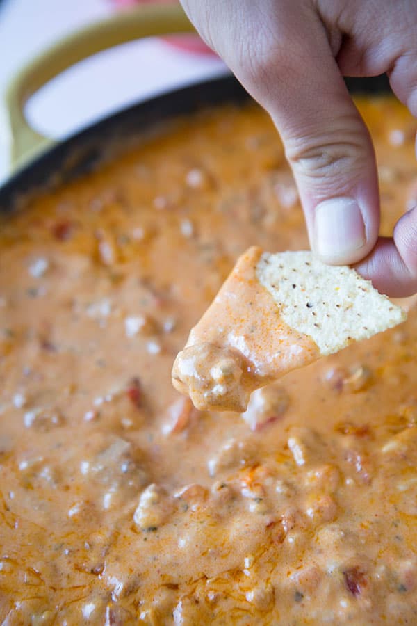 Chorizo Pimento Cheese Dip is perfect for Super Bowl Sunday! Recipe on tablefortwoblog.com