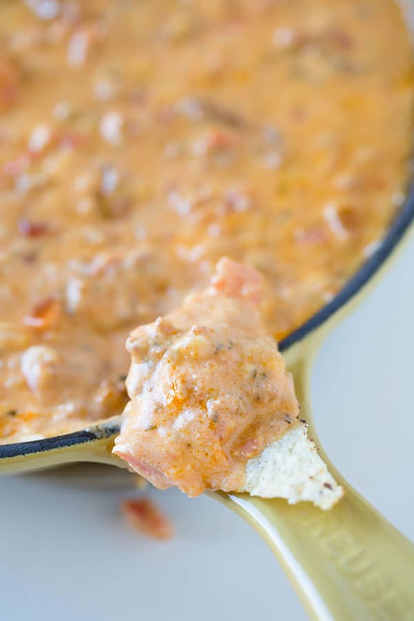Chorizo Pimento Cheese Dip is perfect for Super Bowl Sunday! Recipe on tablefortwoblog.com