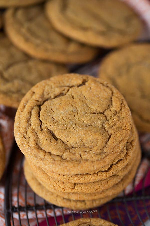 The softest and chewiest ginger molasses cookies you'll ever make! Recipe on tablefortwoblog.com