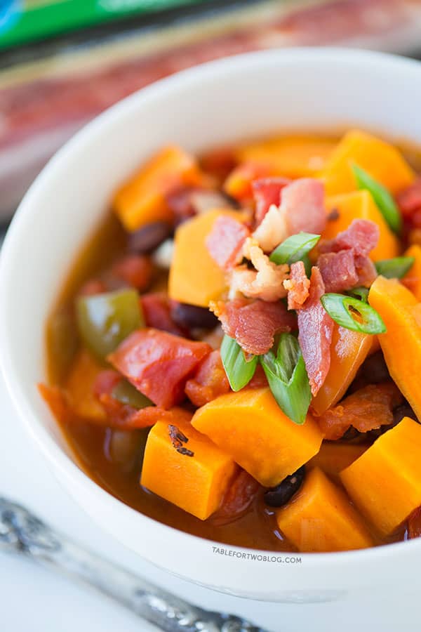 Sweet Potato, Black Bean, and Bacon Chili via tablefortwoblog.com