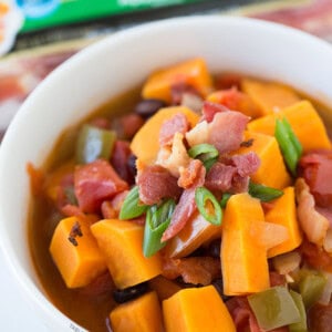 Sweet Potato, Black Bean, and Bacon Chili via tablefortwoblog.com