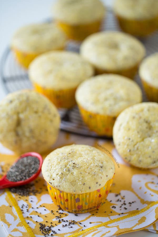 Honey lemon chia seed muffins are the perfect muffins to bring Spring into your kitchen! Recipe on tablefortwoblog.com