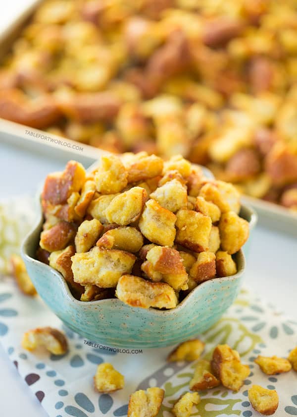 These honey mustard and onion pretzels taste EXACTLY like the ones you know and love. Recipe on tablefortwoblog.com