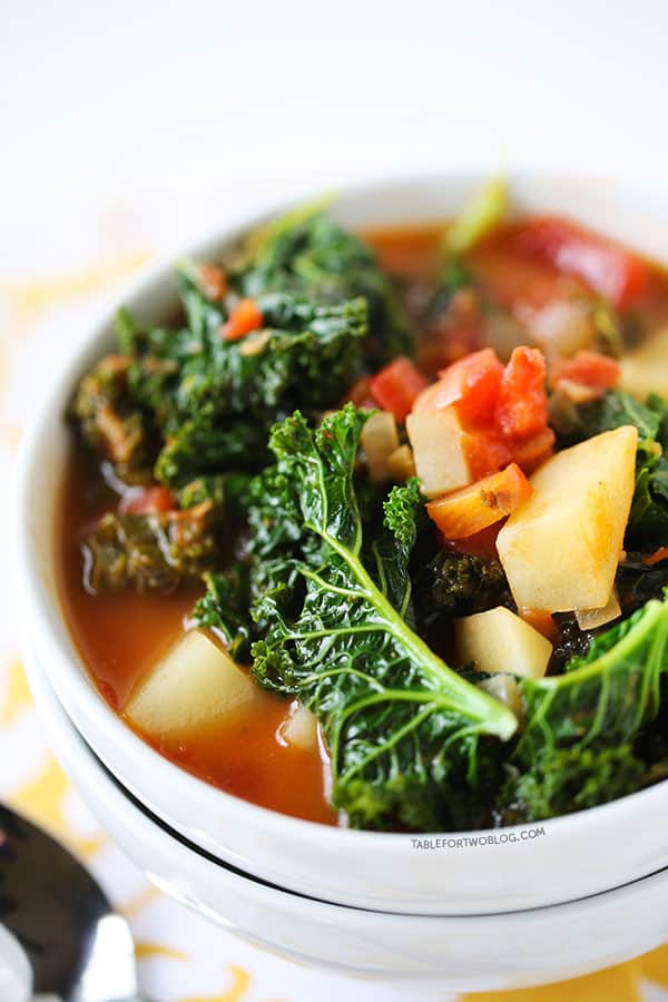 Tomato, kale, and potato soup is a perfectly hearty and healthy soup that is chock full of veggies!