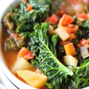 Tomato, kale, and potato soup is a perfectly hearty and healthy soup that is chock full of veggies!