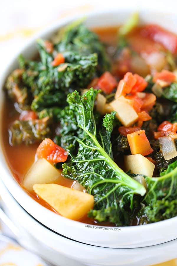 Tomato, kale, and potato soup is a perfectly hearty and healthy soup that is chock full of veggies!